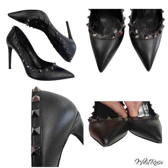 VALENTINO GARAVANI Black Noir Leather Pointy Toe Rockstud Heels SZ 37.5 - Picture 15 of 17